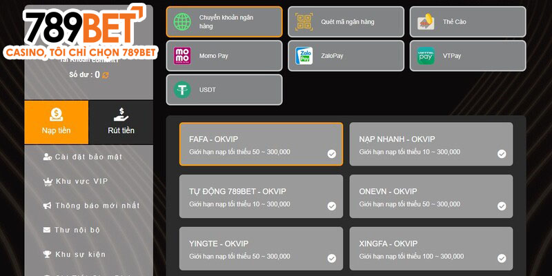 Giao dịch nạp tiền 789BET vô cùng minh bạch